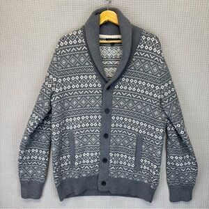 Banana Republic Gray Sweater Cardigan Women L Wool Fair Isle Knit Leather 00s